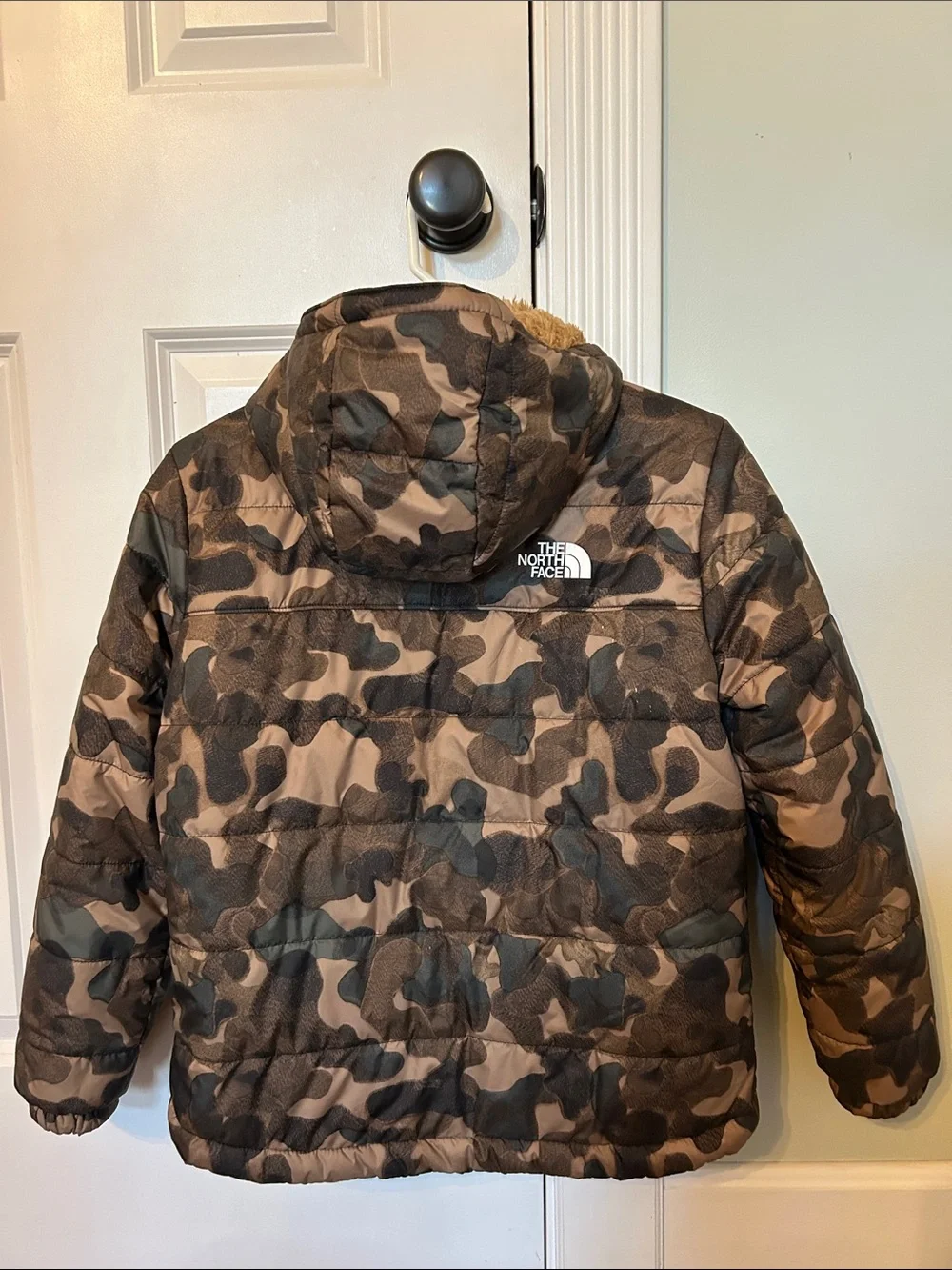 The North Face Kids' Brown Camo Puffer Jacket with Sherpa Hood Mt Chimbo